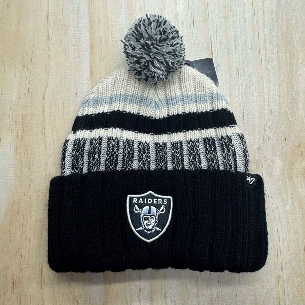 NEW Las Vegas Raiders '47 Brands NFL Long Range Knit Hat Pom Beanie OSFA